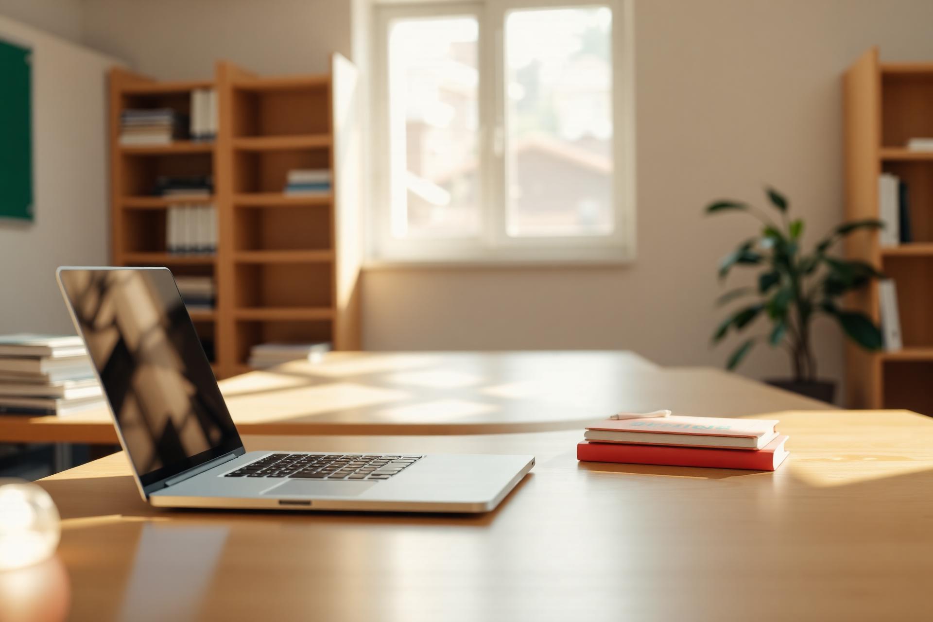 Sunlit classroom workspace with an open laptop and books
